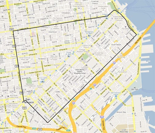 Nick Palm's vision: A passenger-vehicle free zone inside the black border. INFOGRAPHIC BY ALEX EMSLIE / THE GUARDSMAN — MAP COURTESY OF GOOGLE