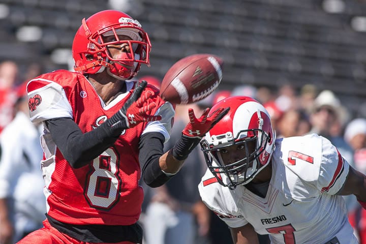 San Francisco Rams receiver Xavier Amey (8) attempts to catch a pass as he’s defended by Fresno Rams Justice Sarcedo (7) on Saturday, Sept. 28, 2013, at Ocean campus. Photo by Santiago Mejia/The Guardsman 