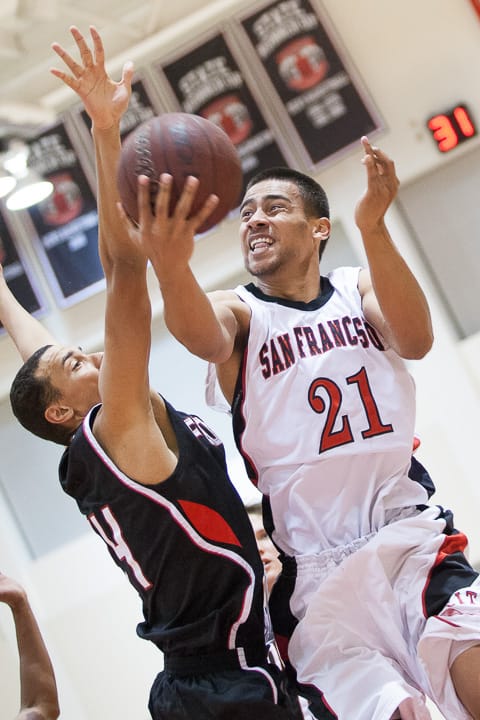 San Francisco Rams sophomore guard Joshua Fox (21) makes his way to the basket against the Foothill Owls during the second half of a CCCAA men’s basketball game Jan. 17, 2014, on Ocean campus. Photo by Khaled Sayed/The Guardsman