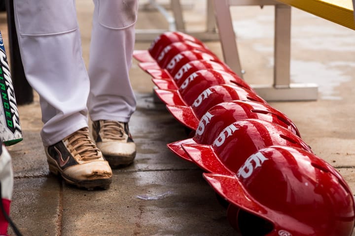 City College Rams baseball player walks past helmets before a game on Saturday, March 1, 2014. Photo by Elisa Parrino/The Guardsman