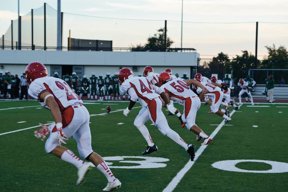 Rams sprint down the field during kick off in a football game against the Laney College Eagles, Friday, Sept. 12, at Laney College in Oakland, California. (Photo by Yesica Prado/ Contributor) 
