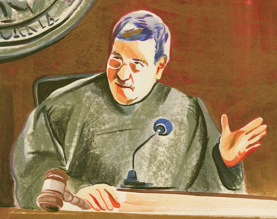 Superior Court Judge Curtis Karnow deliberates during a Sept. 9 hearing. (Illustration by Olivia Wise/ Contributor)