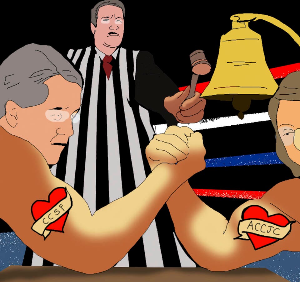 City Attorney Dennis Herrera (left)arm wrestles ACCJC President Barbara Beno as Judge Curtis Karnow officiate. (Illustration by Olivia Wise)