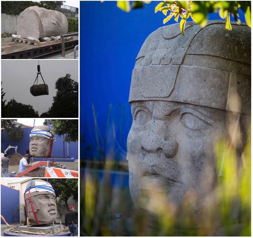 (L-R) Installation of "El Rey" statue in 2004. (Photo by Will Maynez) and in its final resting places in the Frida Kahlo Garden next t Diego Rivera Theatre. Oct. 27, 2014.  (Photo by Nathaniel Y. Downes) 