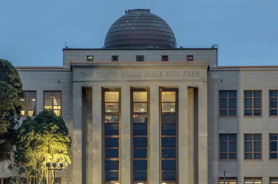 City College adopted the phrase, “The Truth Shall Make You Free” as the official college motto in 1948.  The inscription is carved into the facade of Science Hall facing Phelan Avenue.   (Nov. 12, 2014 Ocean Campus.  (Photo by Nathaniel Y. Downes)  