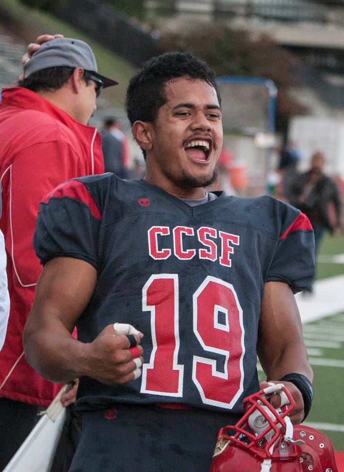 Rams linebacker Justus Fa'ai'u reacts after the game winning field goal, Nov. 29. (Photo by Khaled Sayed)