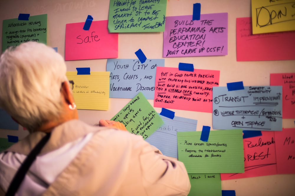 Local woman writes her suggestion for the development of the Balboa Reservoir at Lick Wilmerding High School on Wednesday, Jan. 21 2015. (Photo by Otto Pippenger)