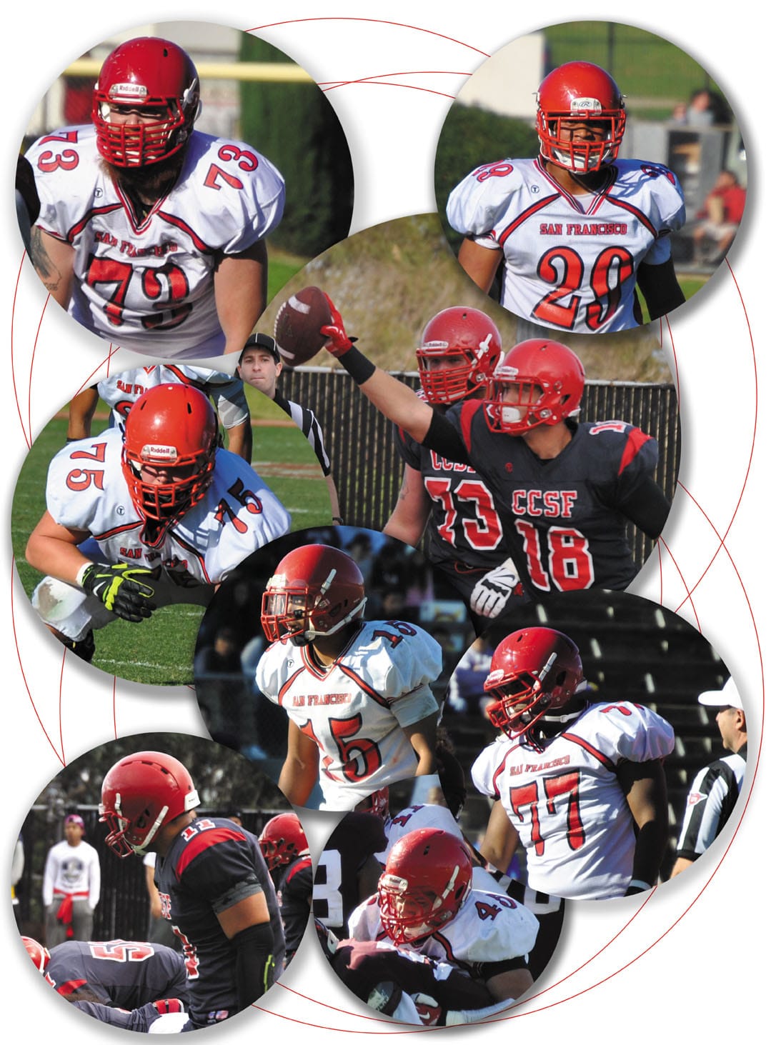 (L-R) Dominic DeSouza (#73), Isaiah Johnson (#29), Connor Brennan (#75), Cole Hikutini (#18), Shalom Luani (#15), Malik Cervantes-Cuellar (#77), Nehemiah Mitchell (#11), Tavita Faaiu (#45). Photos courtesy of Marcus Tolero.