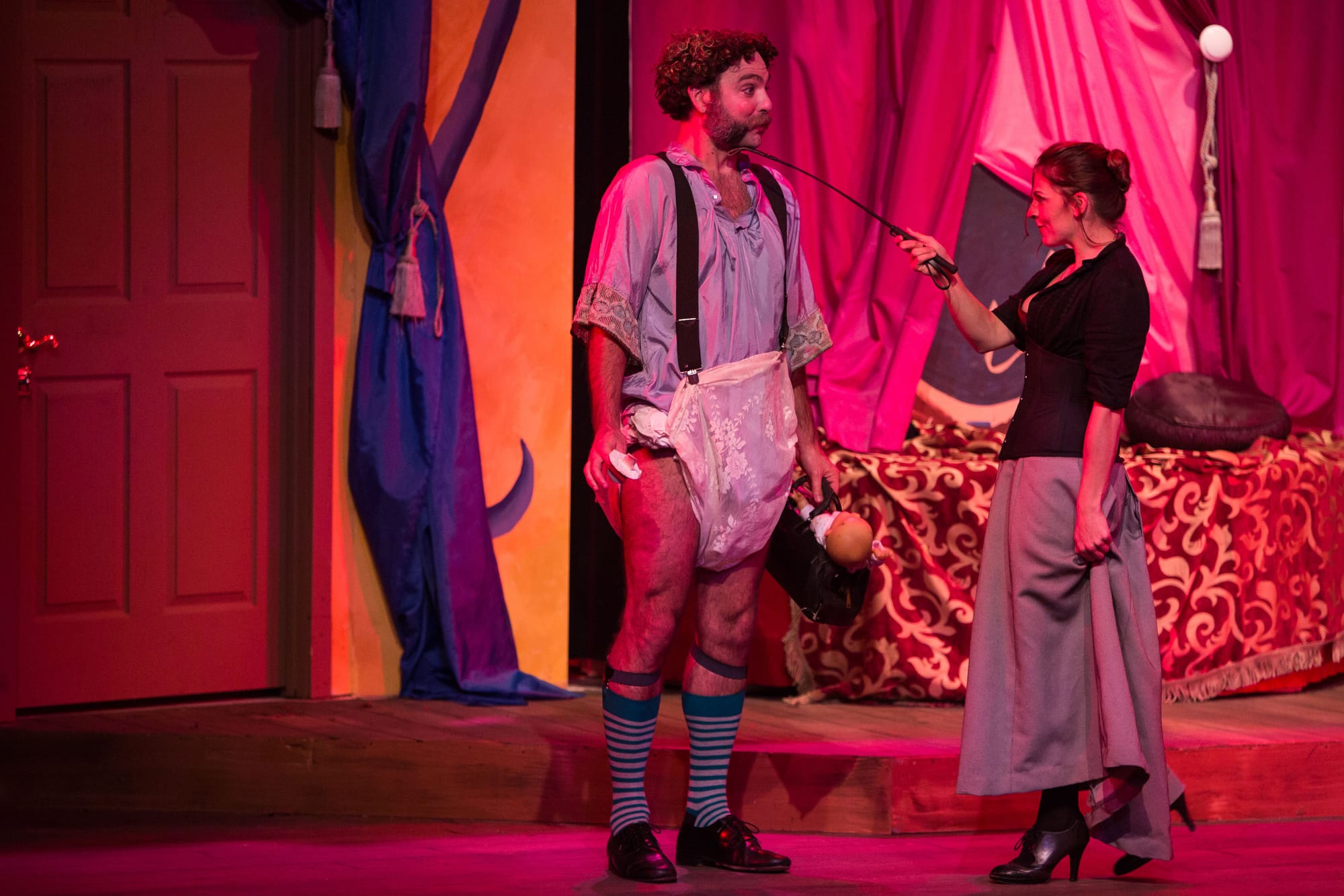 Brad Robertson as Dr. Finache and Dee Wagner as Eugenie “A Flea in Her Ear” at City College’s Diego Rivera Theatre, Ocean Campus on Saturday, March 14. (Photo by Khaled Sayed)