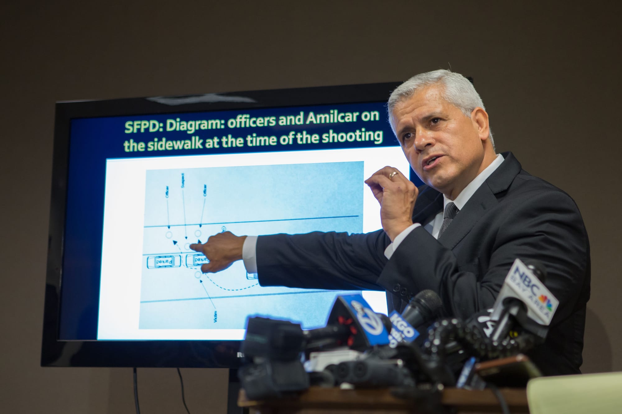 Arnaldo Casillas, Amilcar Perez-Lopez's attorney, showing crime scene and autopsy evidence at a news conference  April 25, 2015 San Francisco, CA ( photo by Khaled Sayed) 