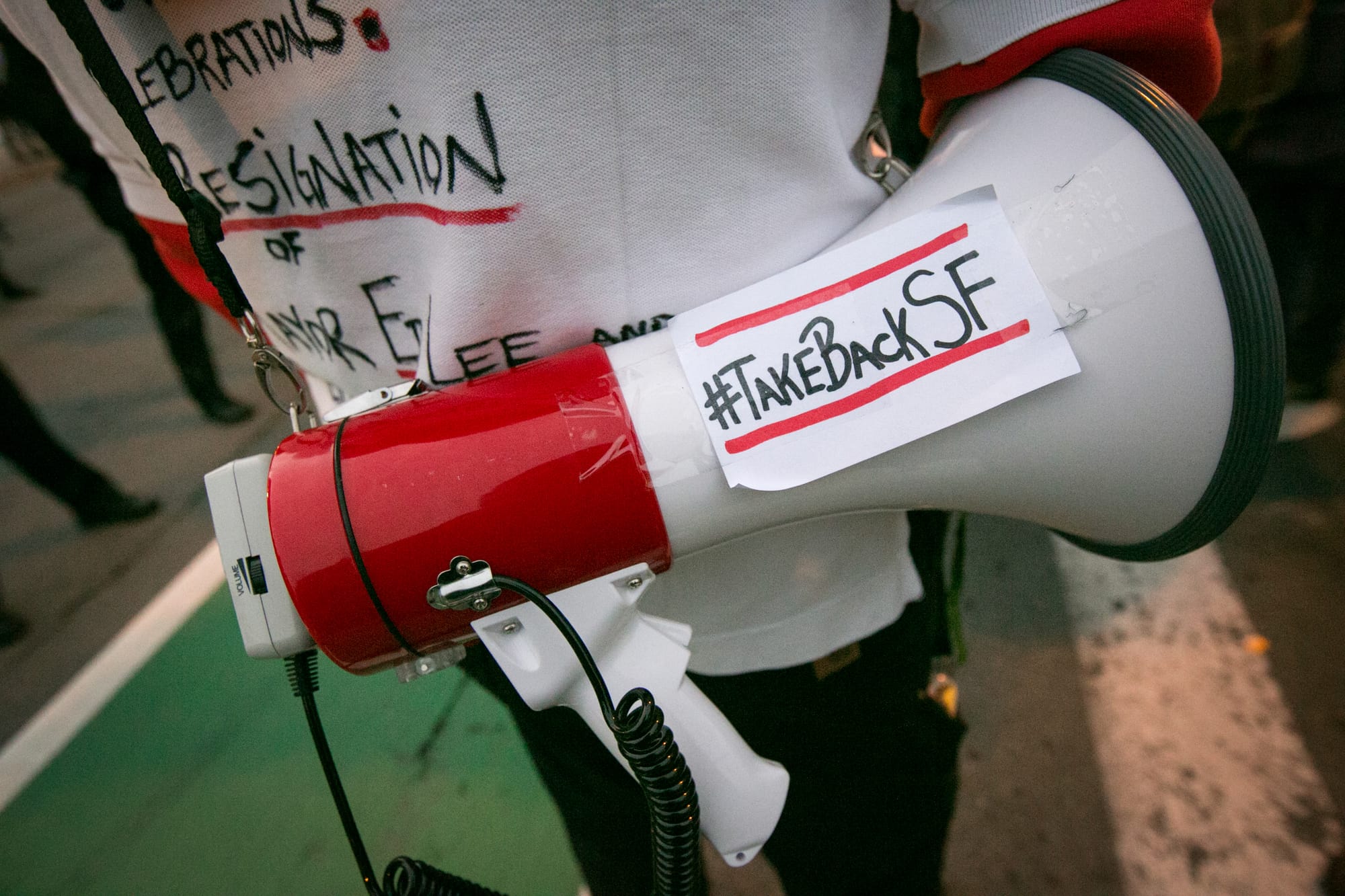 Activists protest homeless evictions, Wednesday, Feb. 3, 2016, outside Super Bowl City near the Ferry Building, in San Francisco, Calif. The homeless were often cited and removed from the area as construction began for Super Bowl City. (Photo by Santiago Meija/ The Guardsman)