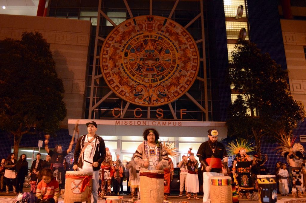 Aztec dancers dance under the full moon welcoming the New Year at City College’s Mission Campus on Mar. 11, 2017 (photo by Isela Vazquez, The Guardsman)
