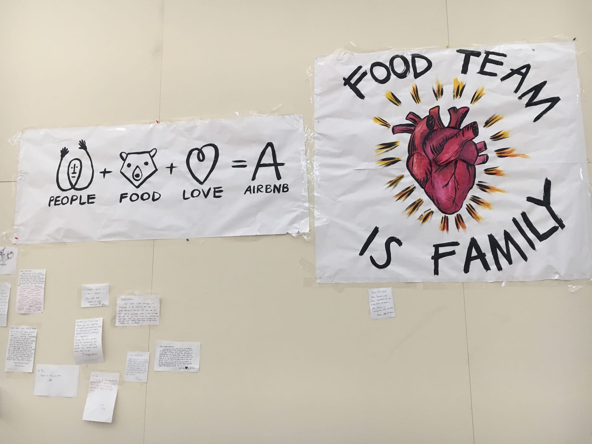 The Airbnb office staff decorate their hallways with handwritten notes and illustrations of support and gratitude for the cafeteria kitchen staff that were adversely affected by the transition, Nov. 8, 2017. Photo courtesy of Bernadette Ramos. 