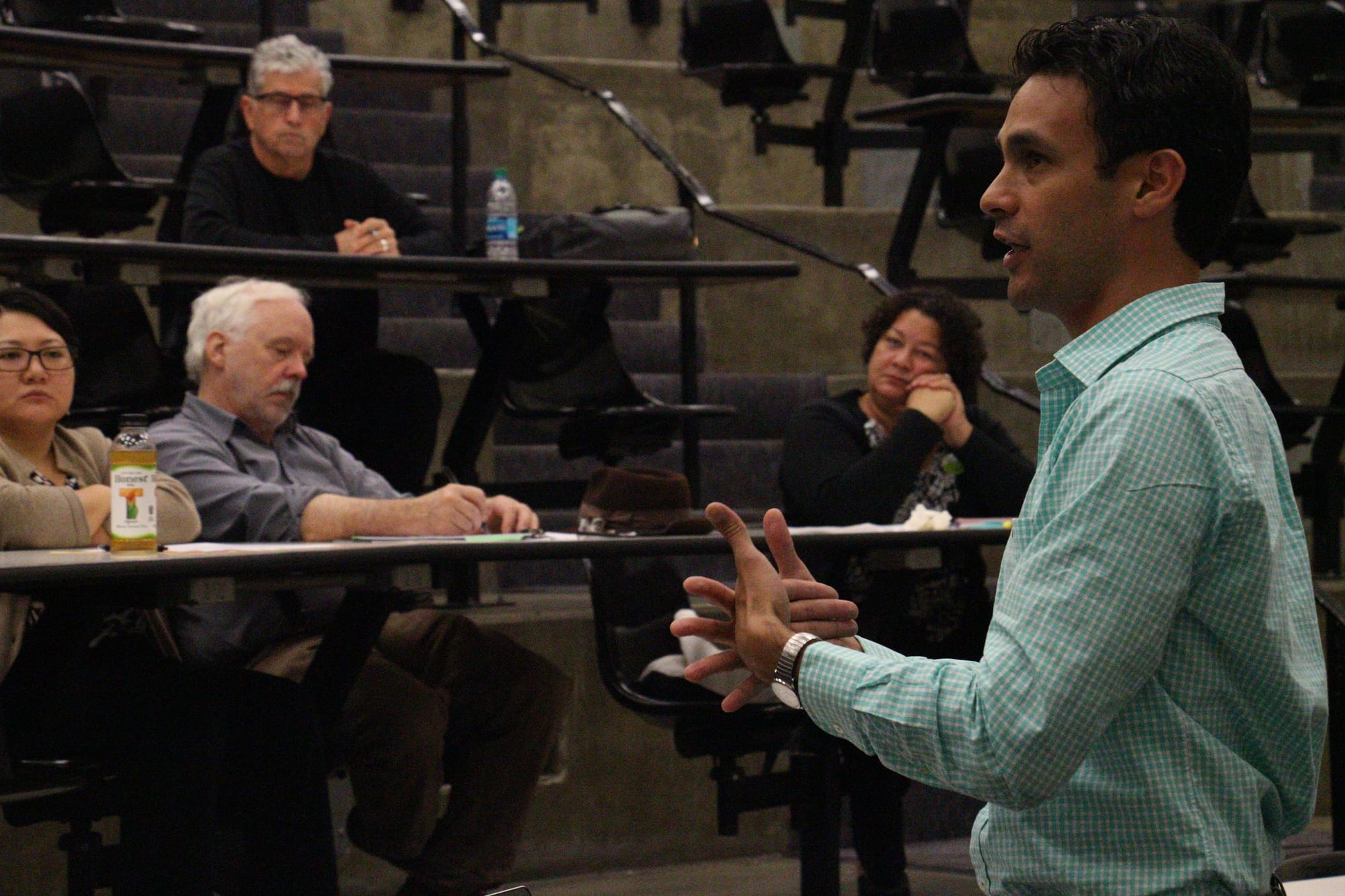 Brad Balukjian, Peralta Federation of Teacher part-time faculty representative holds an "Equal Pay Summit" to discuss the wage gap between part-time and full-time faculty at community colleges. He encouraged those interested to sign a letter originating from the California Federation of Teachers to California Department of Finance Director Michael Cohen asking for $100 million of the state budget to go toward part-time pay equity and the conversion of part-time faculty to full-time. Photo by Sarah Carpenter.
