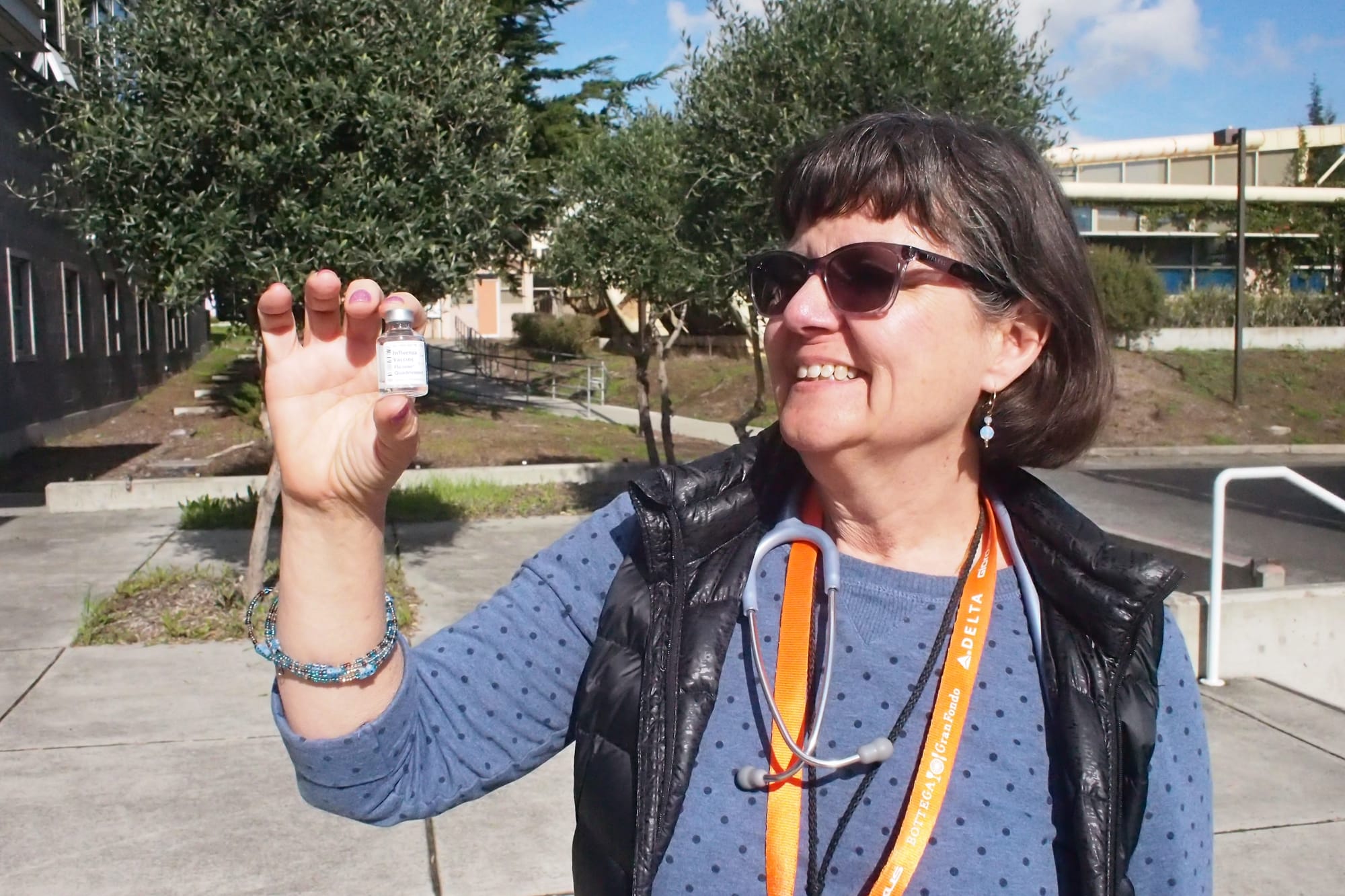 Jan. 24, 2018. Nurse Paula Cahill holding a vial of the influenza vaccine made available to students in front of Health Services at the City College Ocean campus. Photo by Cameron Ehring/The Guardsman   