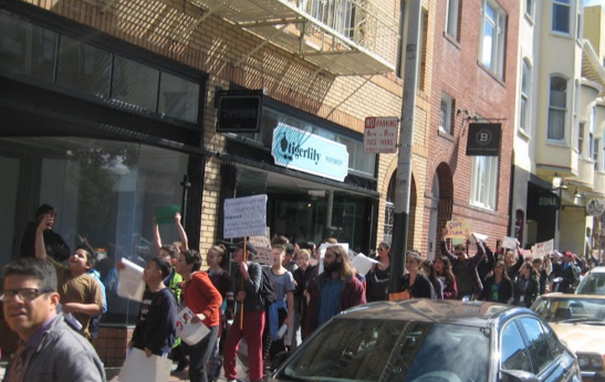Students march down Mission Street, mARCH 14, 2018, two blocks north of Mission Campus on National Walkout Day. Photo by Michael Menaster/Special to The Guardsman.