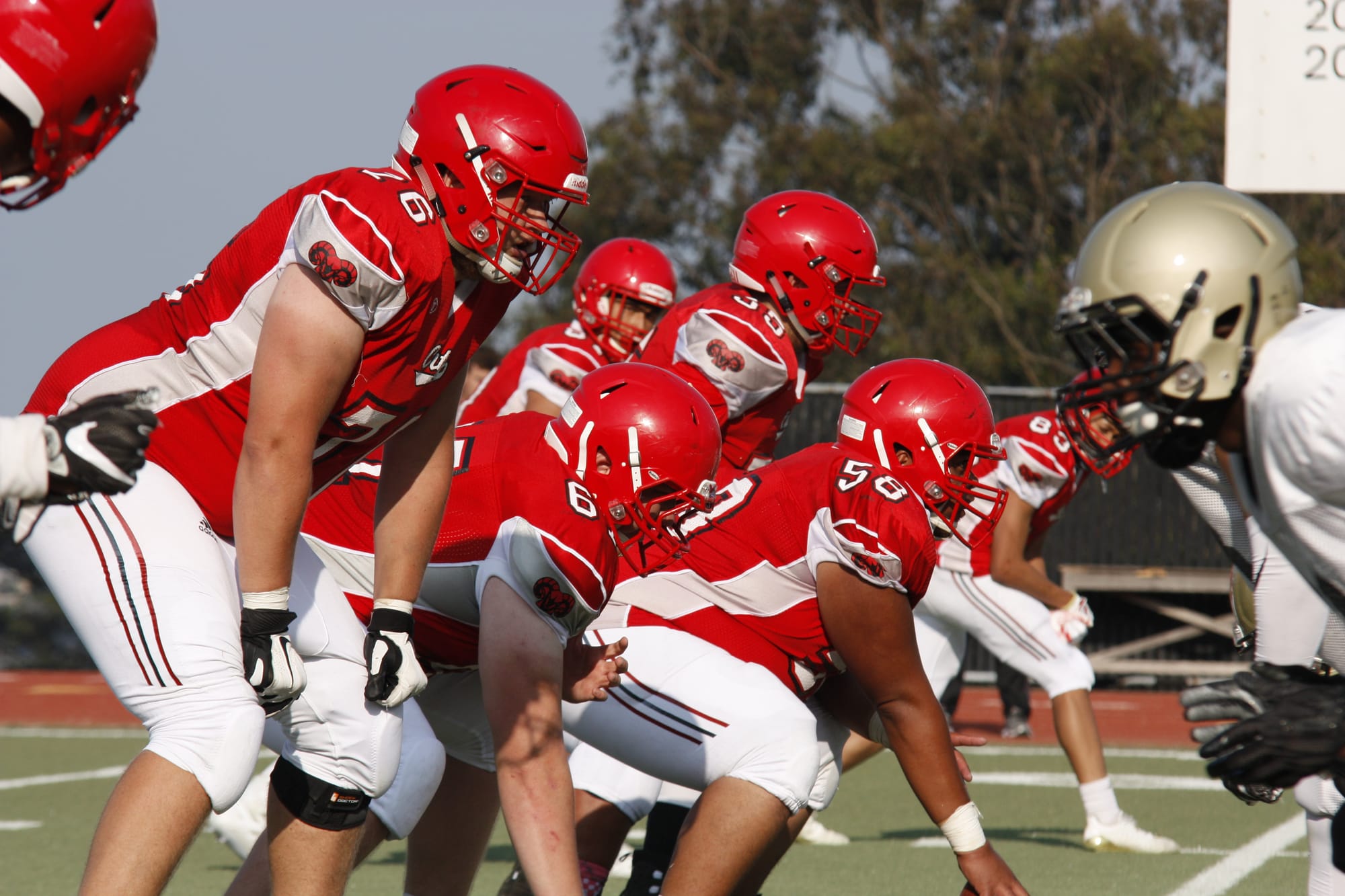 The Rams offensive lineman stands guard before ball snaps on Wednesday, August 22, 2018. Photo by Peter J. Suter/The Guardsman